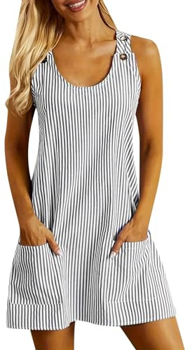 Vestido de peto para mujer, vestido corto de tirantes de verano, minivestido de verano, cuello redondo, a rayas, vestido de peto, vintage, con bolsillos, vestido de playa, elegante, vestido de ocio