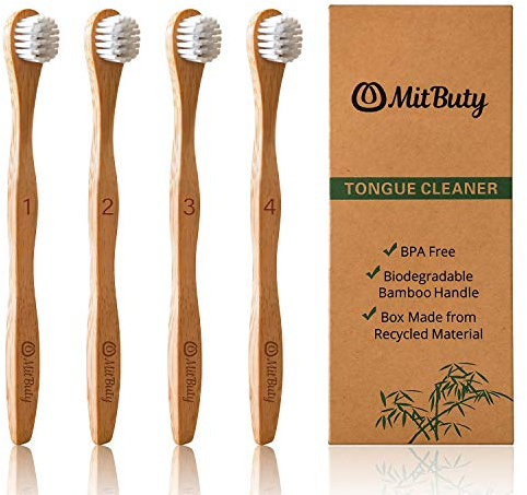 MitButy Zungenreiniger, 4er Pack Bambus Zungenbürste für Erwachsene - Beseitigen Sie Mundgeruch | Angenehmer als Zungenschaber aus Edelstahl