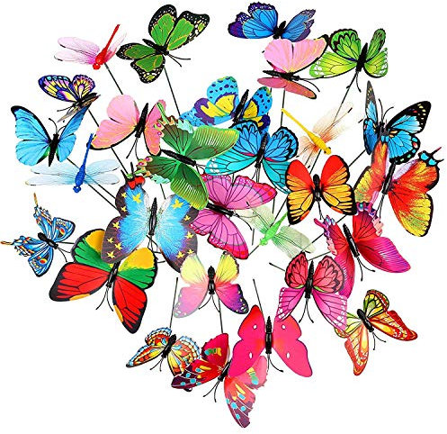 Gwhole Lot de 28 Papillons et Libellules Artificielles avec Bâtonnets pour Décoration de Plantes, Cour Extérieure, Décoration de Jardin