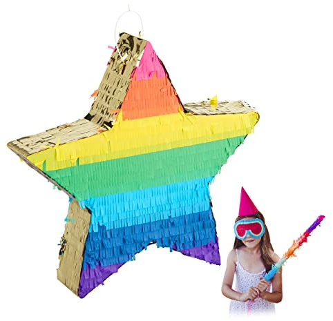 Relaxdays Pinata étoile, à remplir, Enfants & Adultes, Arc-en-Ciel, à Suspendre, pour fêtes, Multicolore-doré