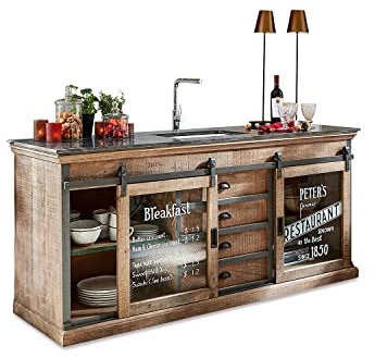 Loberon Spülenschrank Holbrook, Vintage-Print auf den Glastüren, viel Stauraum, Nostalgie Look, Pflegeleichte Keramikspüle, Küchenmöbel, Mangoholz, Eisen, Marmor, braun