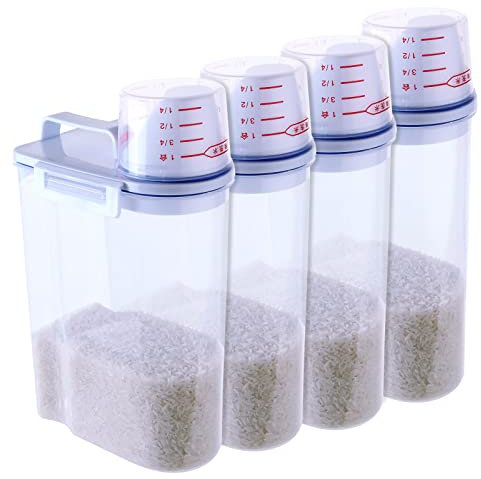 SENENQU 4 Pack 2KG Rice Dispenser Cereal Storage Container, Clear Dry Food Cereal Dispenser, Airtight Cereal Container Rice Food Storage with 180ml Measuring Cup for Kitchen Flour Grain Bean