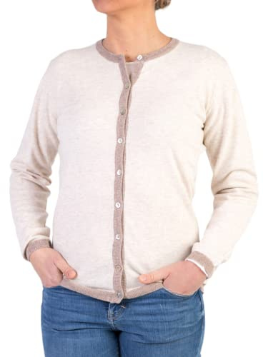 Cardigan Girocollo Donna Misto Cashmere Golfino Avvitato Bicolore Bottoni Made in Italy Classico Lana Merinos Giacca Manica Lunga Autunno Maglia Cachemire Autunno Nero Grigio Beige (L, Beige Chiaro)