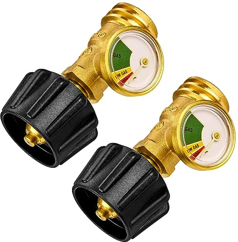 Flame King YSN212B-2PK Indicador de nivel de tanque de propano, detector de fugas, medidor de presión de gas, codificado por colores y brilla en la oscuridad, universal para todos los cilindros, latón