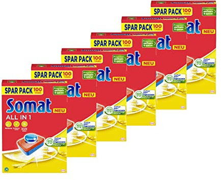Somat All in 1 Spülmaschinen Tabs (6 x 100 Tabs), Geschirrspül Tabs für strahlende Sauberkeit auch bei niedrigen Temperaturen, kraftvoll gegen Eingetrocknetes