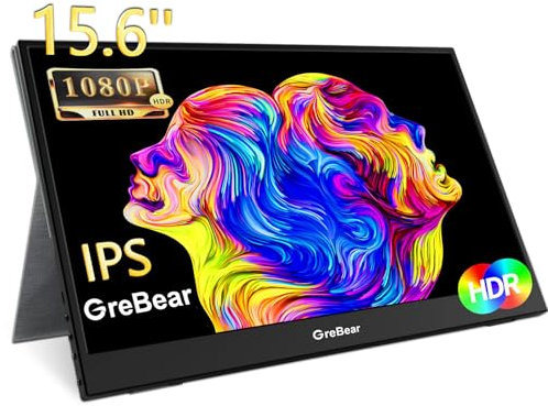 GreBear 15.6 Portable Monitor FHD 1080P Travel Gaming Monitor HDR IPS Tragbarer Monitor mit USB Typ C Eingebaute Lautsprecher Eye Care Bildschirm für PC, Laptop, Xbox, PS 3/4/5, Switch und TV
