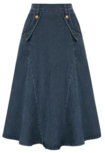 Belle Poque Falda de mezclilla para mujer, cintura alta, elástica, vintage, acampanada, con bolsillos, azul vaquero, S