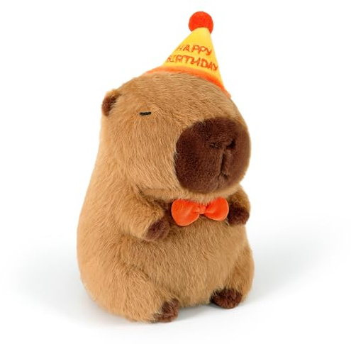 Ditucu Cute Capybara Plush with Happy Birthday Hat Bow Soft Capibara Stuffed Animal Plushies Toys for Birthday Gifts Party Decoration for Kids Brown 9 inch