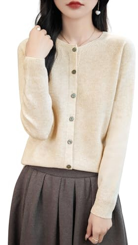 Chanyarn Cardigan Girocollo da Donna 100% Lana Merino Primavera Maniche Lunghe Senza Cuciture Maglia Cardigan Maglione (Beige,L)