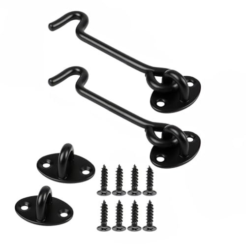 2Pcs Hook and Eye Latch - 4 Inch Black Cabin Hook, Stainless Steel Gate Latch, Heavy Duty Cabinet Latches with Mounting Screws, Eye Latch Swivel Window Hook for Sliding Door, Bathroom (Black)