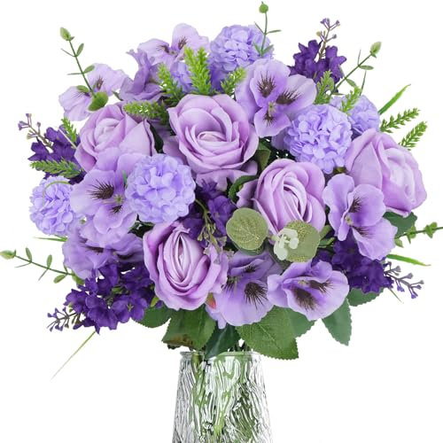 Fairblo Fleurs Artificielles Rose en Soie Jacinthes Violet Bouquets Fausse Fleurs Hortensias pour Décoration Mariage Fête d'anniversaire Jardin, Bureau