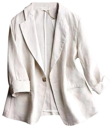 IDEALSANXUN Beige Blazer Women 2026 Spring Jackets for Women Casual 3/4 Sleeve Cotton Linen Lightweight Summer Blazers, Beige, XS