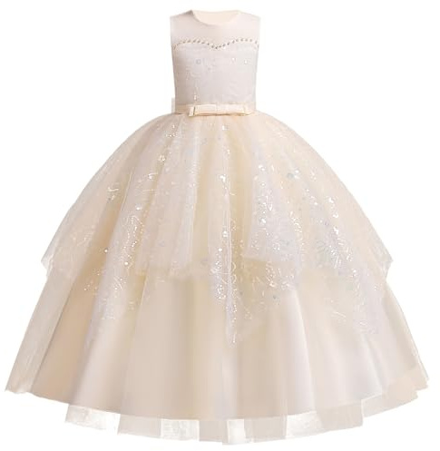 IDOPIP Vestido de Niña de las Flores Vestido de Niña Encaje Bordado con Cuentas Lazo Sin Mangas Tul Boda Dama de Honor Cumpleaños Fiesta Formal Vestido Largo Maxi de Graduación Vestido de Desfile