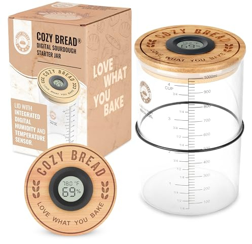 Tarro digital de iniciación de masa madre – Tarro de fermentación de vidrio de 34 onzas con termómetro digital y sensor de humedad, perfecto para hacer pan, fermentación y ciencia de la cocina
