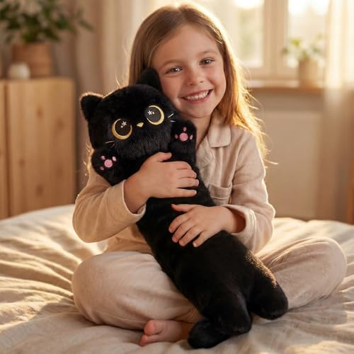 Mewaii 20in Long Cat Plush Body Pillows Stuffed Animals Plushie Pillows - Cute Kitten Plushies Sleeping Hugging Pillow Toys for Kids(Black Cat)