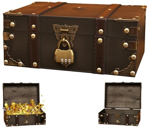 GYHWOFUL Cofre del tesoro de madera vintage con cerradura de combinación, 24 x 17 x 9,5 cm, cofre del tesoro de cumpleaños infantil, baúl de madera para almacenamiento, caja con cerradura, decoración