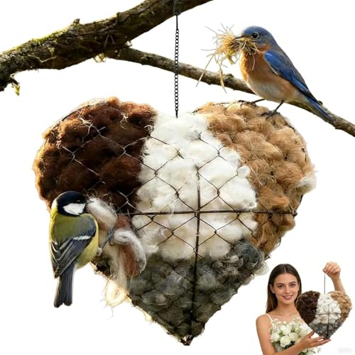 Handmade Alpaca Fiber Bird Nesting Heart, Birds Nests Material Holder, Winter Tree Shelter for Wild Bird, Hummingbird Houses Nest Boxes Gifts for Outside Garden Art Birdhouse, Birds Lovers (1PC)