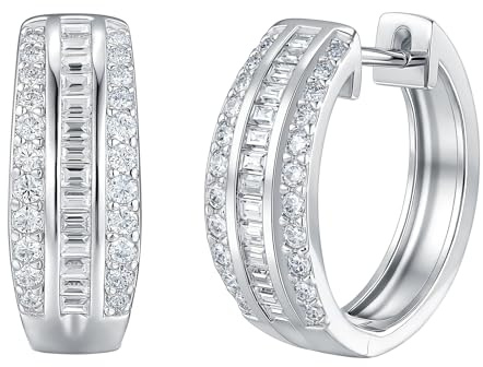 Newshe Jewellery D-Color VVS1 Moissanite Huggie Earrings for Women 925 Sterling Silver Earrings Emerald Cut Pave Hoop Stud Pair