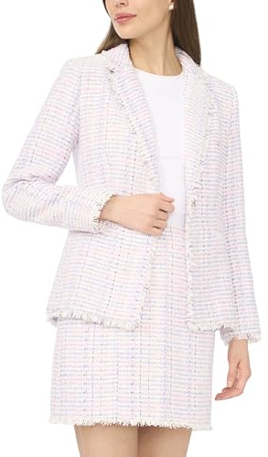 CeCe Womens Frayed Edge Tweed Straight Blazer, NEW Ivory, 8