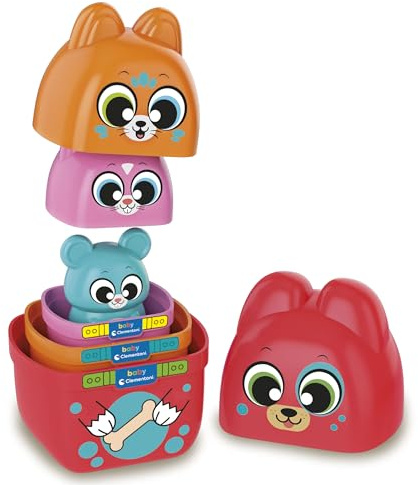 Clementoni Baby Think & Play What's Inside?, Juguete Lógico Apilable y Ocultable para Bebés, Cubos de Actividades con Animales de 3 Niveles de Dificultad, Regalo a Partir de 18 Meses - 17606
