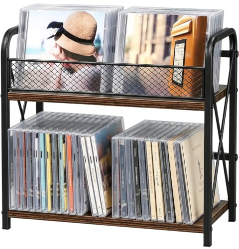 GHIAKQYT CD-stativ 2 nivåer CD-/DVD-arrangör trä, CD-hylla förvaring | Förvaring CD DVD-hylla, kosmetisk arrangör, för samlare och spelare, 32 x 30 x 15 cm, industriell stil