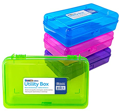 BAZIC PRODUCTS Plastic Pencil Case, Ruler Length Utility Storage Box, Multi Purpose Organizer & Supply Holder, Transparent Box Design, Assorted Color, Ideal for School, Office & Craft Use, 4-Pack