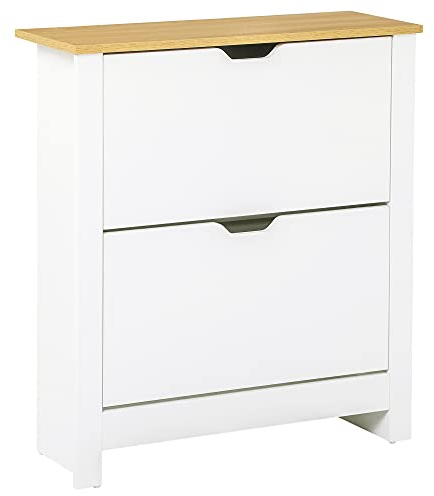 HOMCOM Narrow Shoe Cabinet, Space Saving Shoe Storage Cabinet with 2 Flip Drawers and Adjustable Shelves for 6-12 Pairs of Shoes for Hallways and Living Room, White