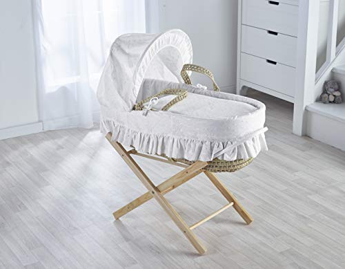 ELEGANT BABY Broderie Anglaise White Palm Moses Basket with Natural Folding Stand, Adjustable Hood, Fibre Mattress & Padded Liner