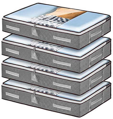 4 Stück Unterbett-Aufbewahrungstaschen mit Deckel, faltbare große Unterbett-Aufbewahrungsboxen mit Reißverschlüssen, Kleidung, Bettwäsche, Bettdecken-Organizer, verstärkte Griffe (4 Stück, grau)