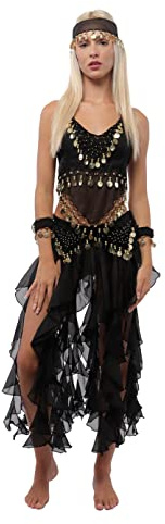 5 Piezas Traje de Danza del Vientre Profesional para Mujer, Conjunto de Accesorios Top y Falda Largas de Gasa para Disfraces India y Fiestas Temáticas, Talla única (Negro)