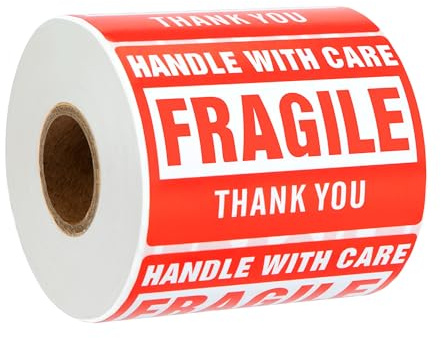 Newellsail Autocollants Fragiles - Manipulez avec soin, Fragile, Merci - Étiquette D'avertissement Rouge pour Colis et Boîtes Déménagement, 500 Étiquettes (7,6 x 5,1 cm)