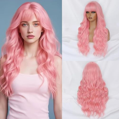 Creammily Rosa peruk med lugg, långa rosa peruker för kvinnor, 60 cm, lockigt, vågigt hår, naturligt utseende, syntetisk hårperuk för kvinnor och flickor, användning på halloweenfester