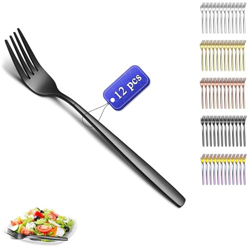 Kyraton Forchetta da tavola nera 12 pezzi, forchette da 18,3 cm in acciaio inossidabile placcatura in titanio nero posate, set di 12 forchette nere
