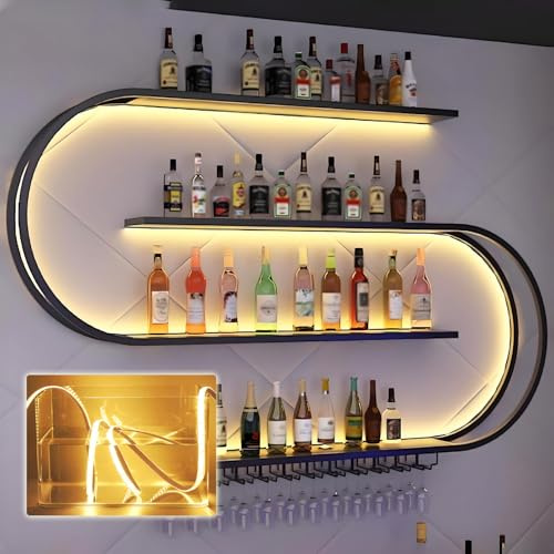 amhricho 47.2in Large Wall Mounted Wine Rack with LED Light, 4-Tiers Half Round Wine Rack with Wine Glass Hooks, Iron Wine Bottle Display Rack for Kitchen, Home Bar, Cafe (BLACK, 47.2 * 7.87 * 47.2IN)