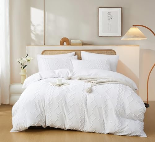 Freyamy Bettwäsche 200x200cm Weiß 3tlg,Getuftet Geometrisch Wendebettwäsche Tufted,Böhmen Vintage Bettwäsche-Set Chic Gewaschene Mikrofaser 1 Bettbezug mit Reißverschluss 2 Kissenbezüge 80x80cm