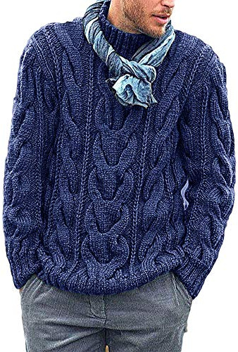 Runcati Pull tricoté pour homme en tricot torsadé à manches longues côtelé, col haut, pull d'hiver en tricot épais, bleu, XXL