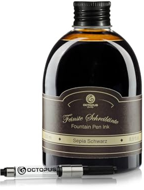 Octopus Fluids Klassik Füllhaltertinte Sepia Schwarz - Set mit 250?ml Nachfüllflasche & Tinten-Konverter, hochwertige Schreibtinte für Füllhalter und Schreibfedern