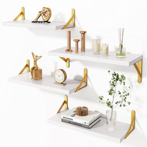 BAKAJI Set 4 Mensole da Parete in Legno Bianco con Staffe in Metallo Oro, Scaffalatura a Muro Multiuso Montaggio Creativo, Scaffale per Camera da Letto, Soggiorno, Cucina, Bagno, Libreria Salvaspazio