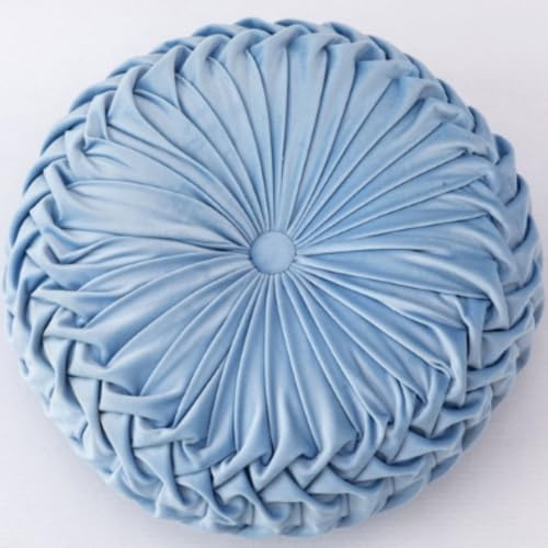 OUKEYI Cuscino rotondo in velluto a pieghe, 35 cm, colore puro, a forma di zucca, adatto per casa, letto, auto, decorazione (blu)