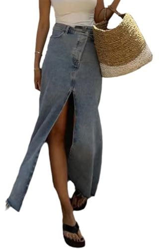 tinetill Gonna di Jeans Gonna Estiva da Donna Gonne A-Line Casual Gonna di Jeans in Denim Blu Gonna Lunga A-Line Gonna di Jeans Lunga Gonna di Jeans a Vita Alta Stretch