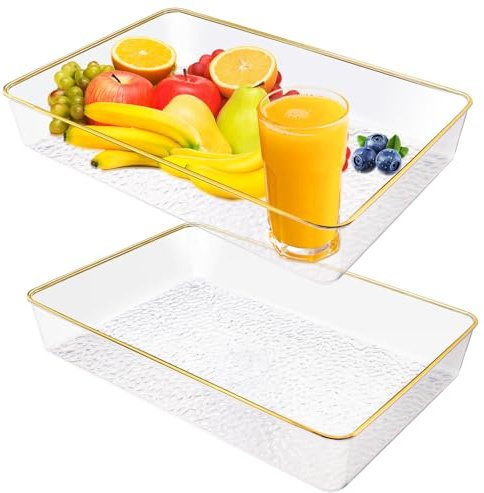 2 vassoi profondi in plastica, 21 x 31 x 4 cm, vassoio decorativo con bordo dorato, piatti ottomani trasparenti per servire cibo, feste, colazione, cucina, bagno, tavolino (2 pezzi)