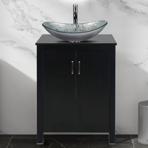 Mueble de baño moderno negro con lavabo de 60 cm y lavabo de cristal plateado, armario independiente para guardarropa
