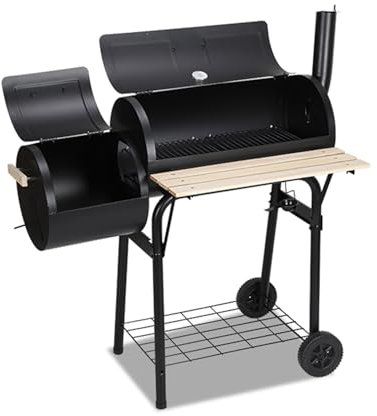 Jaxguom Barbacoa de carbón vegetal multifuncional con termómetro, horno para ahumar y función de barbacoa, parrilla con tapa, ruedas, carro de barbacoa con regulación del aire