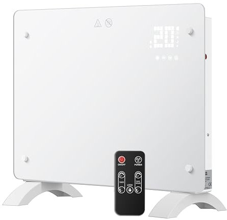 DONYER POWER 1000W Konvektor-Heizung, ultra-dünne Wandmontage oder freistehend, 24H Timer-Fernbedienung, ultra-weiße Glasscheibe