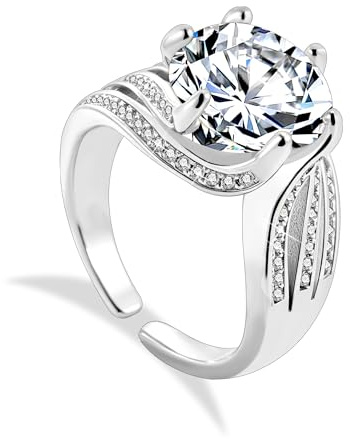 ALEXCRAFT Anillos Zirconia Plata Mujer, Anillo Apilable Ajustable, Brillante, Hipoalergenicos, Acero Inoxidable, Anillo Circonita Grande Ancho, Anillos de Boda de Compromiso