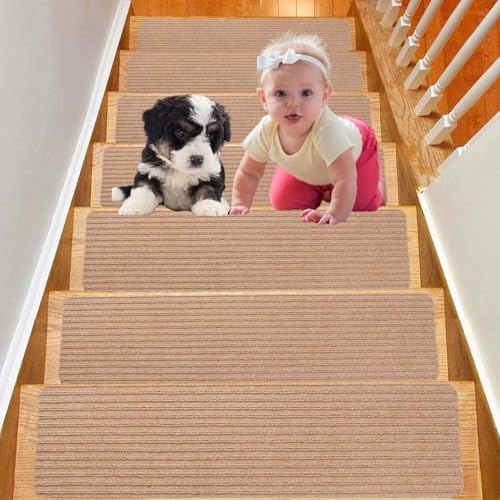 Duscdesp Stair Treads Carpet 15 Pack,60x20cm Peel and Stick Stair Runner,Self-Adhesive Anti Slip Carpet for Staircases,Suitable for Children,Elderly,and Pets(Khaki)