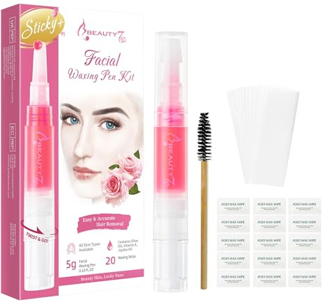 Beauty7 Stylo à Cire Précision Wand Formule Naturelle Végétalienne Epilateur pour Visage 5g Crayon à Cire 20 Bandes de Coton Réutilisables 15pcs Lingettes Après Epilation