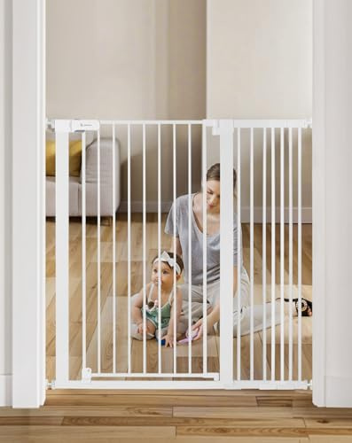 COMOMY 107 cm extra hög babygrind för trappor dörröppningar, passar öppningar 75 cm till 110 cm bred, automatisk stängning robust säkerhetshundgrind för hus, tryckmonterad enkel att gå igenom