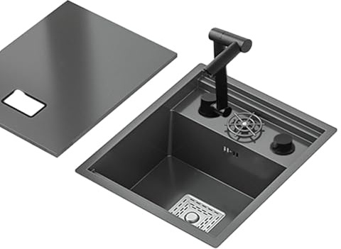 Lavello Nero a Vasca Singola per Cucina Bar Salvaspazio Invisibile Lavello RV a Vasca Singola con Coperchio Piccolo Lavello a Sifone Integrato in Acciaio Inossidabile Rubinetto Multifunzione (3, 45