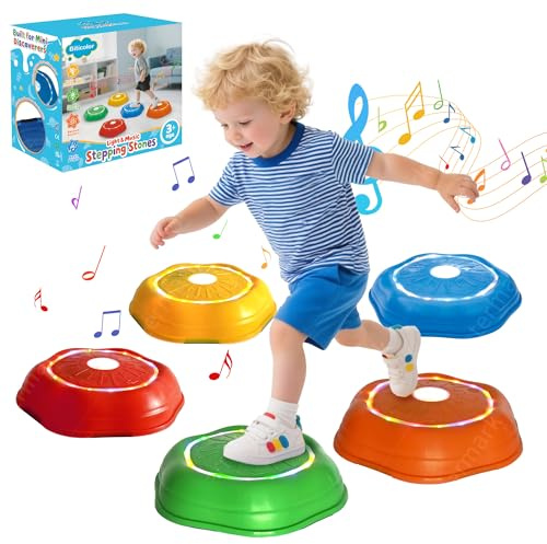 Juego de 5 piedras apilables para niños con luz y música, piedras de equilibrio para niños en interiores y exteriores, antideslizantes, apilables, para entrenamiento de motricidad y equilibrio a